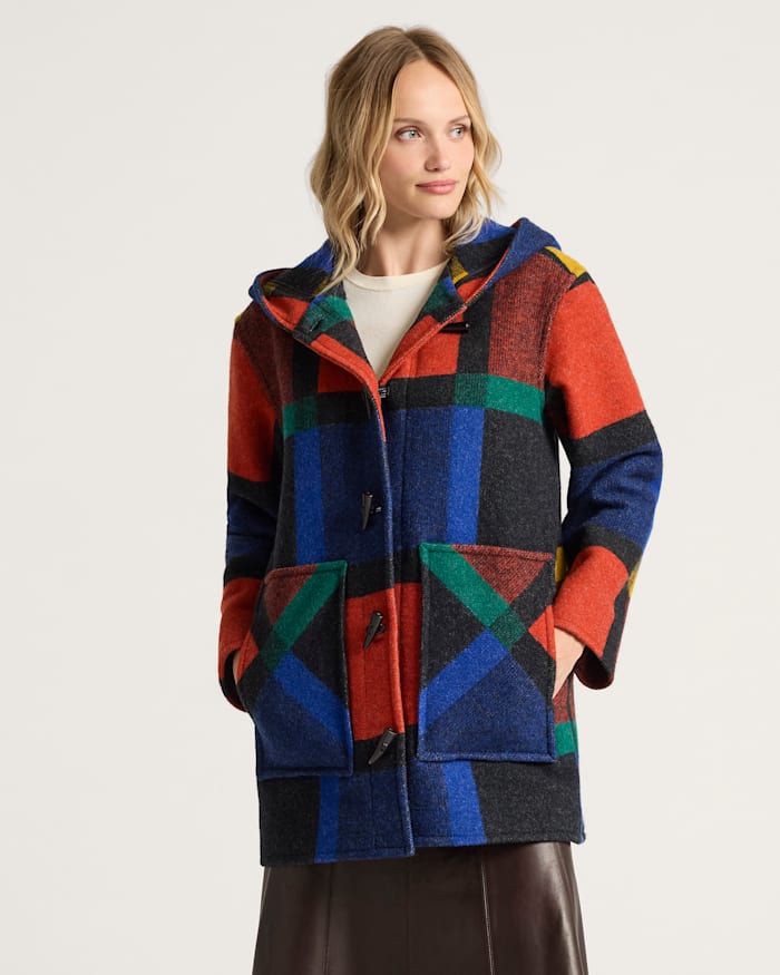 WOMEN'S BLOCK PLAID WOOL DUFFEL COAT